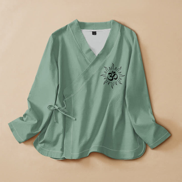 Buddha Stones Camisa kimono de manga larga para mujer, estilo boho, con estampado del símbolo Om, cuello en V y cordones. - Aguamarina medio - US16，UK/AU20，EU48 (3XL) - image 5