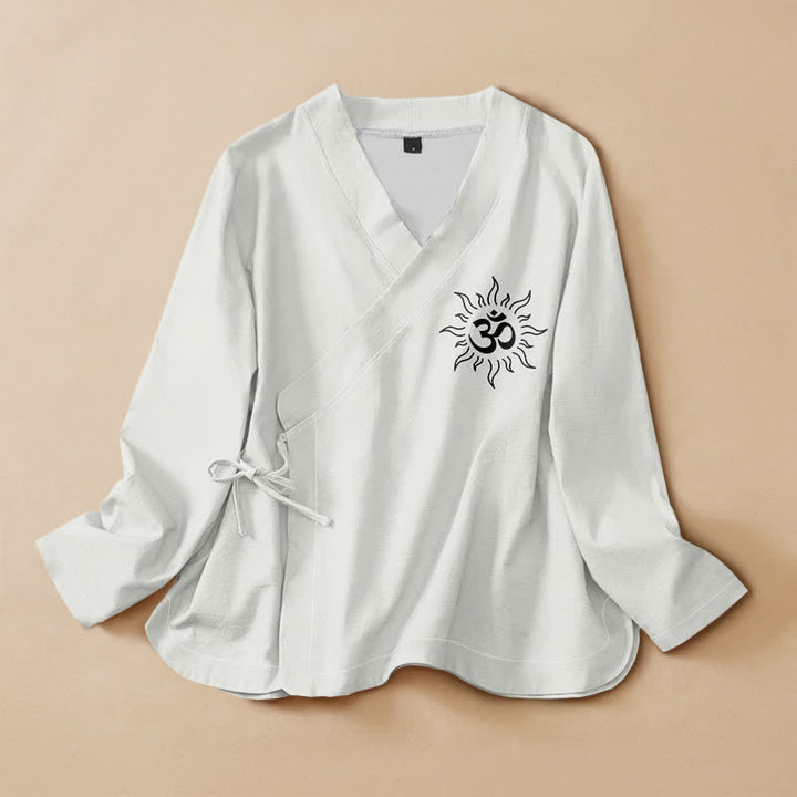 Buddha Stones Camisa kimono de manga larga para mujer, estilo boho, con estampado del símbolo Om, cuello en V y cordones. - Humo blanco - US16，UK/AU20，EU48 (3XL) - image 7