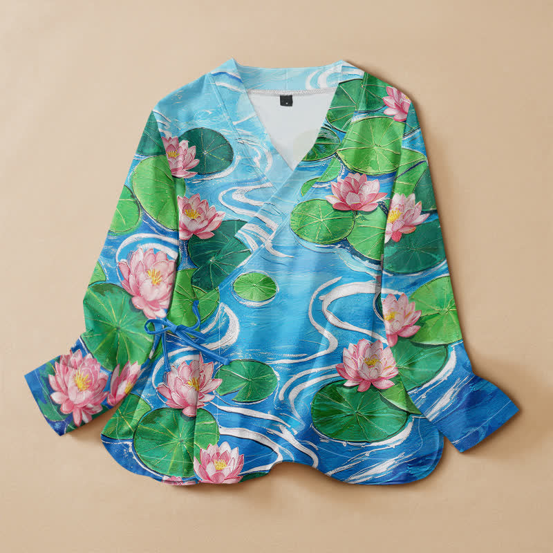 Buddha Stones Kimono de manga larga para mujer con cuello en V y cordones, estampado de hojas de loto en algodón estilo Hanfu. - Azul cielo profundo - US16，UK/AU20，EU48 (3XL) - image 0