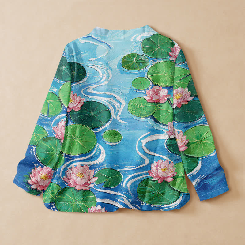 Buddha Stones Kimono de manga larga para mujer con cuello en V y cordones, estampado de hojas de loto en algodón estilo Hanfu. - image 1