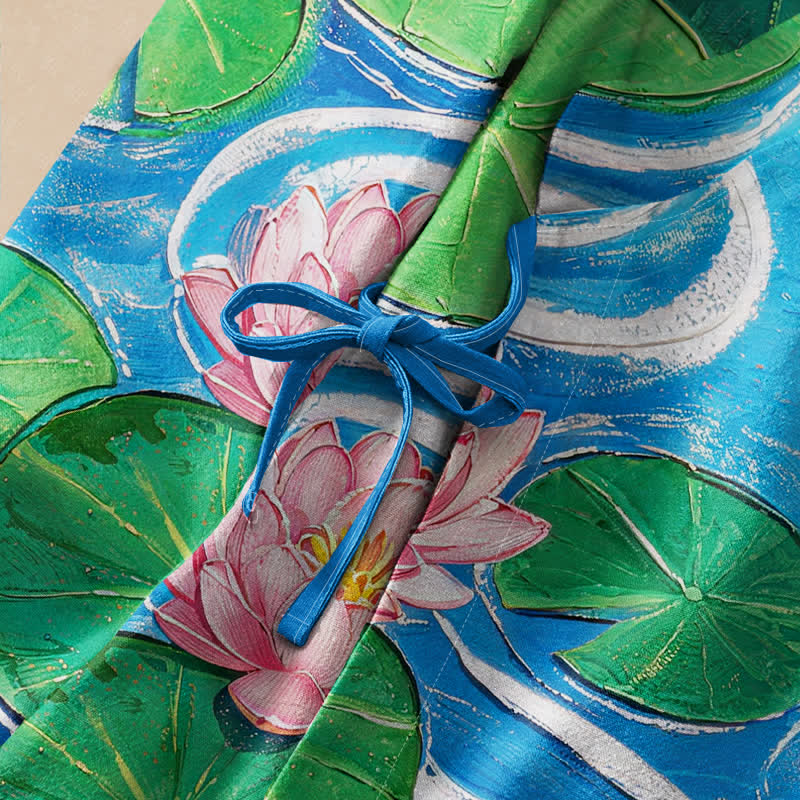 Buddha Stones Kimono de manga larga para mujer con cuello en V y cordones, estampado de hojas de loto en algodón estilo Hanfu. - image 3
