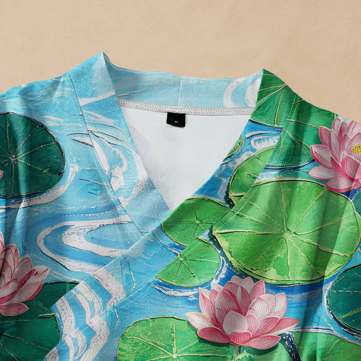 Buddha Stones Kimono de manga larga para mujer con cuello en V y cordones, estampado de hojas de loto en algodón estilo Hanfu. - image 2