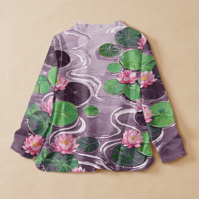 Buddha Stones Kimono de manga larga para mujer con cuello en V y cordones, estampado de hojas de loto en algodón estilo Hanfu. - image 6