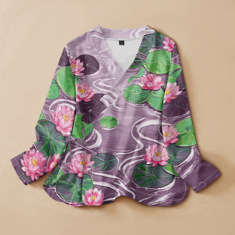 Buddha Stones Kimono de manga larga para mujer con cuello en V y cordones, estampado de hojas de loto en algodón estilo Hanfu. - Cardo - US16，UK/AU20，EU48 (3XL) - image 5
