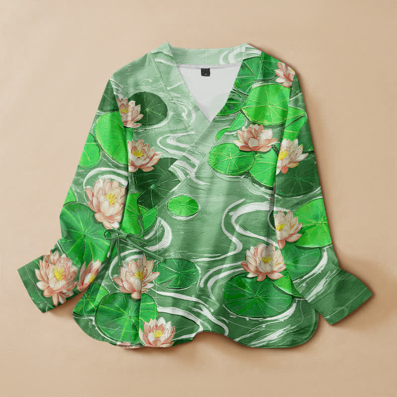 Buddha Stones Kimono de manga larga para mujer con cuello en V y cordones, estampado de hojas de loto en algodón estilo Hanfu. - Verde lima - US16，UK/AU20，EU48 (3XL) - image 7