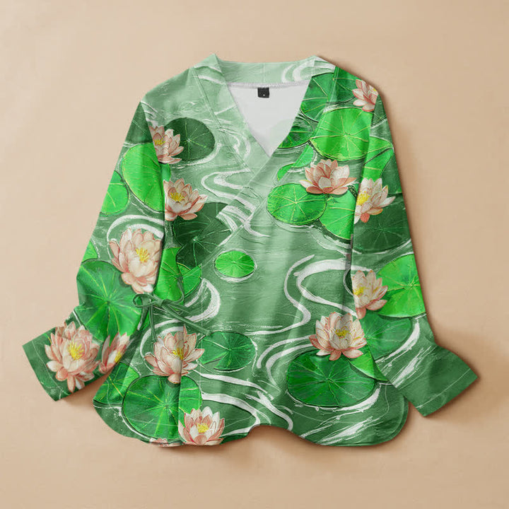 Buddha Stones Kimono de manga larga para mujer con cuello en V y cordones, estampado de hojas de loto en algodón estilo Hanfu. - Verde lima - US16，UK/AU20，EU48 (3XL) - image 7