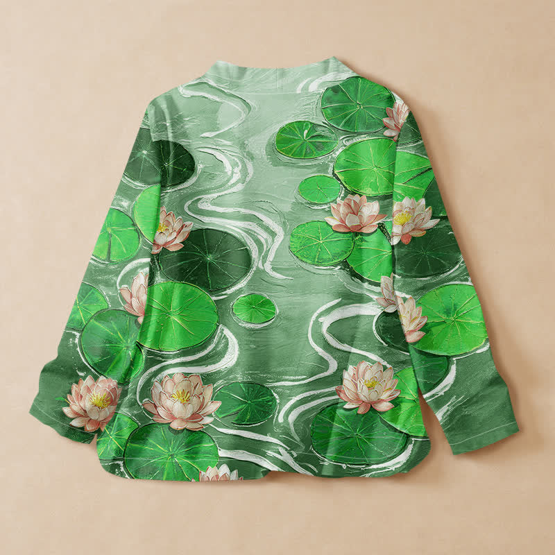 Buddha Stones Kimono de manga larga para mujer con cuello en V y cordones, estampado de hojas de loto en algodón estilo Hanfu. - image 8