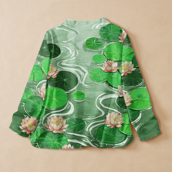 Buddha Stones Kimono de manga larga para mujer con cuello en V y cordones, estampado de hojas de loto en algodón estilo Hanfu. - image 8