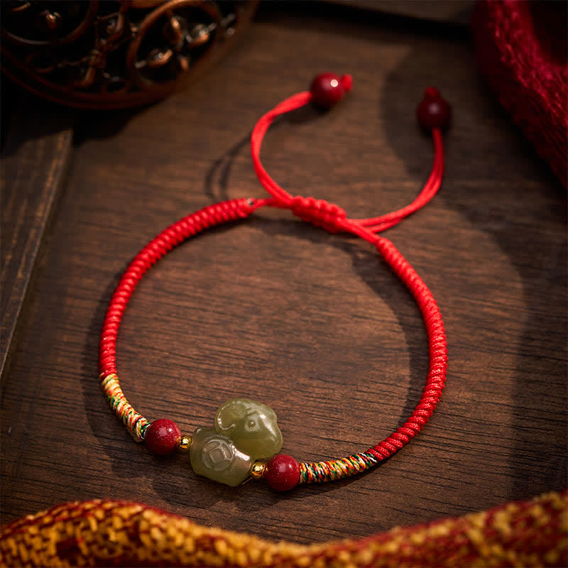 Buddha Stones Pulsera de hilo trenzado con dije de cabra de jade Hetian del Año de la Cabra y cinabrio. - image 3