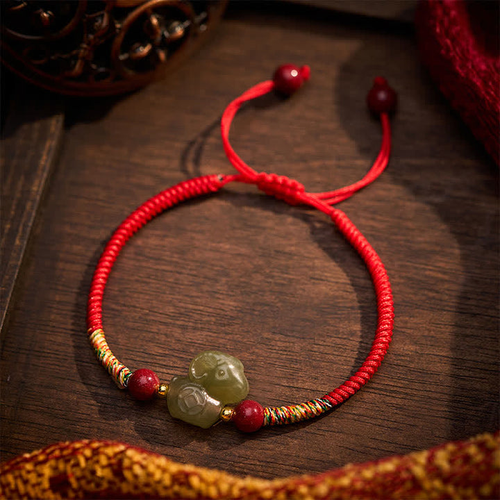 Buddha Stones Pulsera de hilo trenzado con dije de cabra de jade Hetian del Año de la Cabra y cinabrio. - image 3
