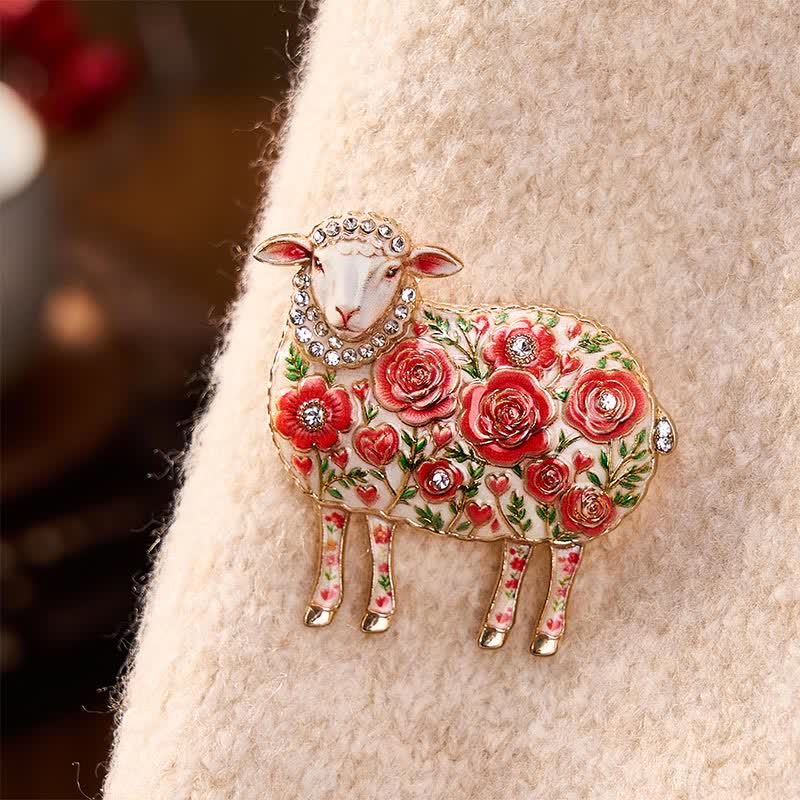 Buddha Stones Broche energético con relieve de carnero de cobre del Año de la Cabra y diseño floral. - Rojo Aprox. 4,5*4,5 cm - image 0