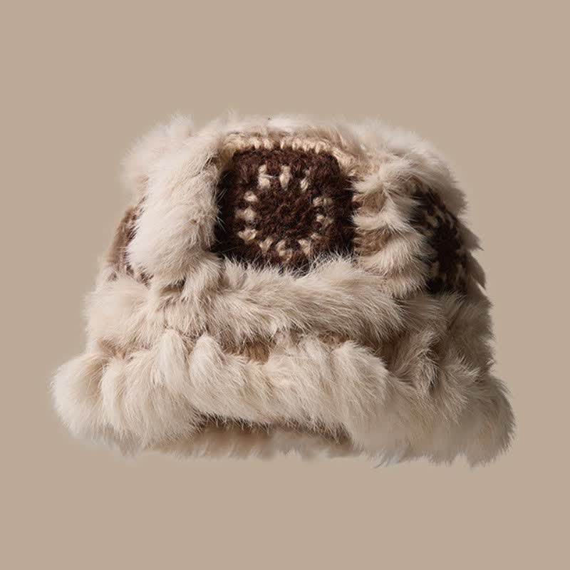 Buddha Stones Gorro de mujer tipo cubo de felpa con bordado de flores geométricas para otoño/invierno - Beige - image 0