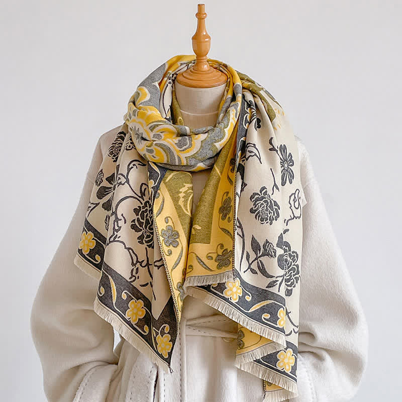 Buddha Stones Bufanda de mujer estilo chal con borlas y estampado floral vintage para otoño/invierno. - Oro - image 4