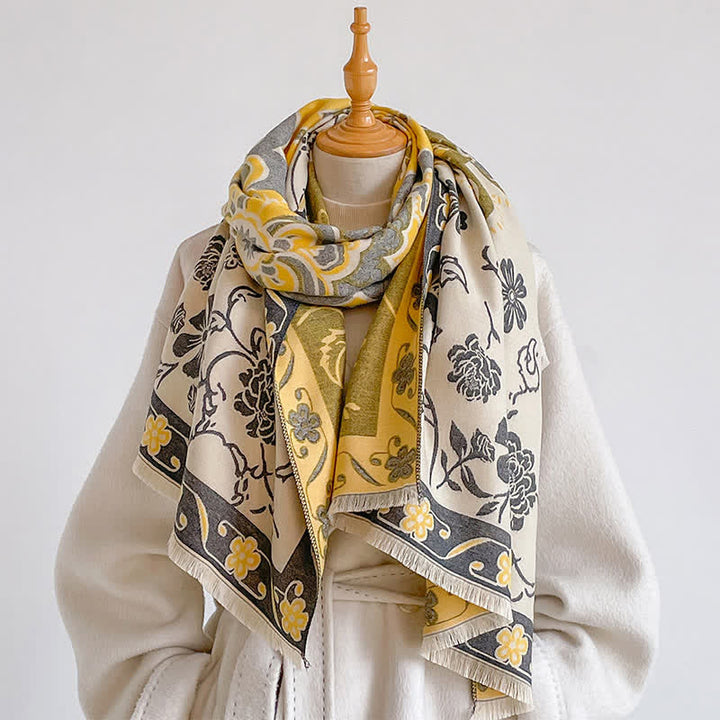 Buddha Stones Bufanda de mujer estilo chal con borlas y estampado floral vintage para otoño/invierno. - Oro - image 4