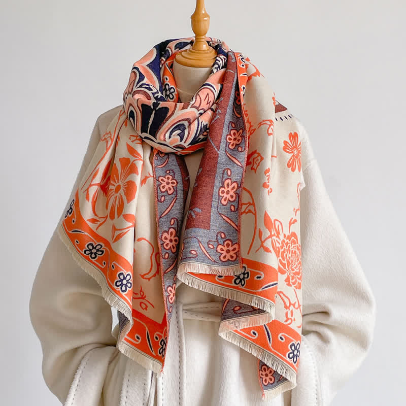 Buddha Stones Bufanda de mujer estilo chal con borlas y estampado floral vintage para otoño/invierno. - Coral - image 1