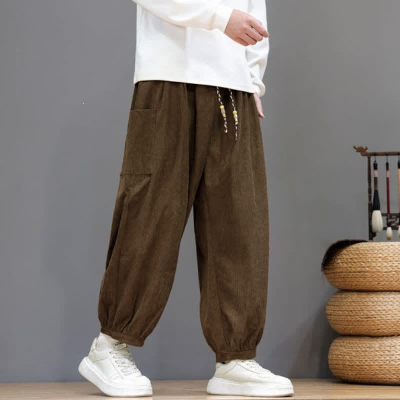 Buddha Stones Pantalones cortos de pana lisos con cordón ajustable para hombre, estilo harem, con bolsillos, ideales para otoño e invierno. - image 6