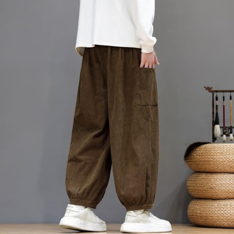 Buddha Stones Pantalones cortos de pana lisos con cordón ajustable para hombre, estilo harem, con bolsillos, ideales para otoño e invierno. - image 4