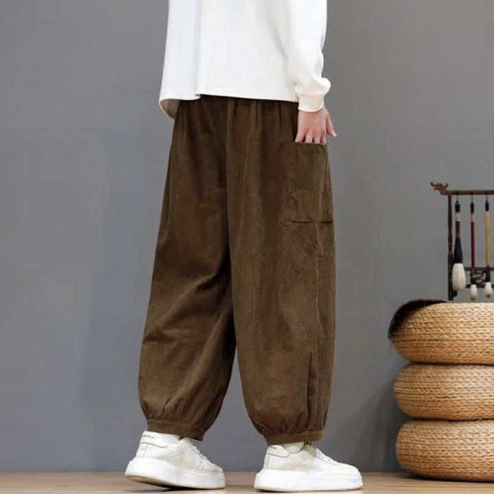 Buddha Stones Pantalones cortos de pana lisos con cordón ajustable para hombre, estilo harem, con bolsillos, ideales para otoño e invierno. - image 4