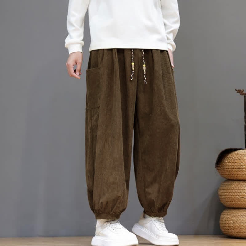 Buddha Stones Pantalones cortos de pana lisos con cordón ajustable para hombre, estilo harem, con bolsillos, ideales para otoño e invierno. - image 5