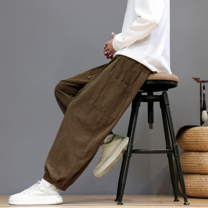 Buddha Stones Pantalones cortos de pana lisos con cordón ajustable para hombre, estilo harem, con bolsillos, ideales para otoño e invierno. - image 8