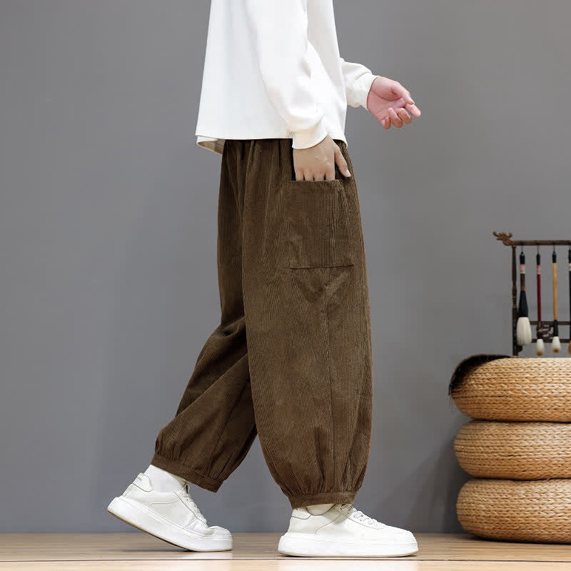 Buddha Stones Pantalones cortos de pana lisos con cordón ajustable para hombre, estilo harem, con bolsillos, ideales para otoño e invierno. - image 2