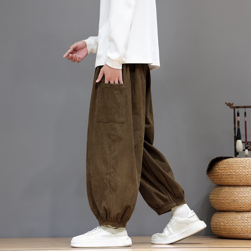 Buddha Stones Pantalones cortos de pana lisos con cordón ajustable para hombre, estilo harem, con bolsillos, ideales para otoño e invierno. - image 3
