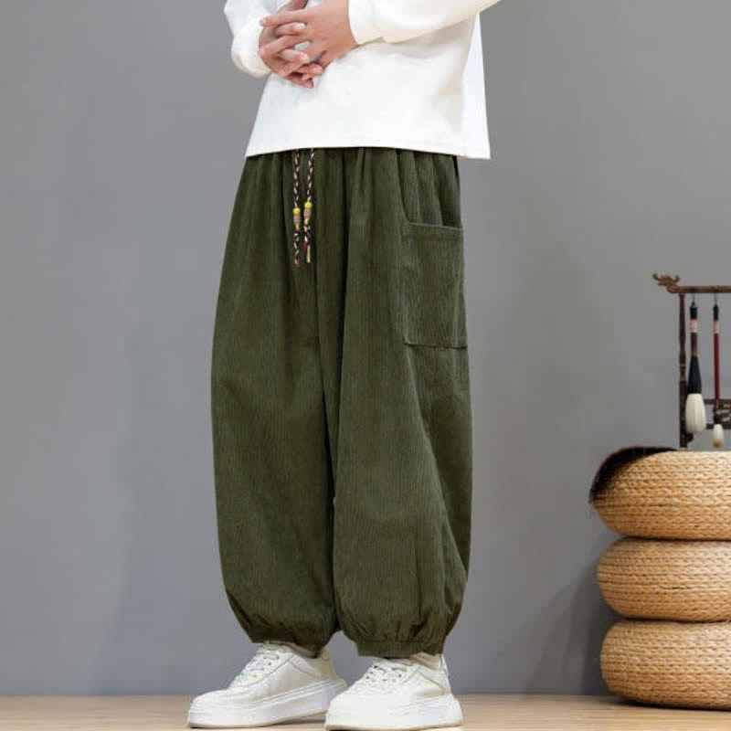 Buddha Stones Pantalones cortos de pana lisos con cordón ajustable para hombre, estilo harem, con bolsillos, ideales para otoño e invierno. - image 40