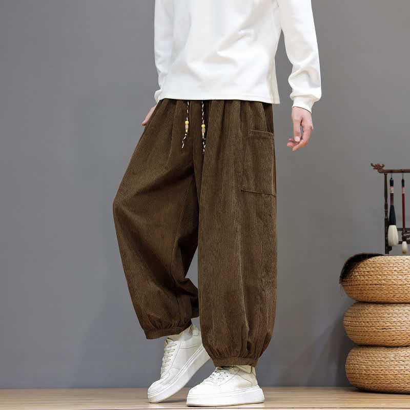 Buddha Stones Pantalones cortos de pana lisos con cordón ajustable para hombre, estilo harem, con bolsillos, ideales para otoño e invierno. - image 7