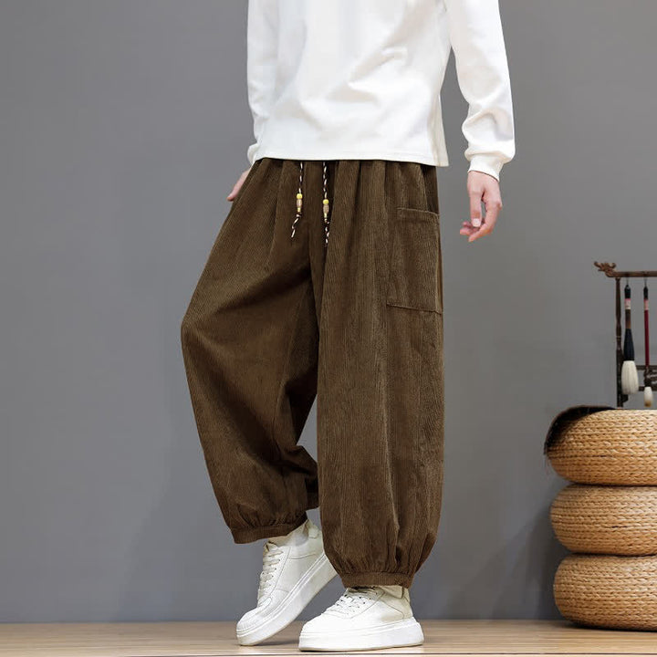 Buddha Stones Pantalones cortos de pana lisos con cordón ajustable para hombre, estilo harem, con bolsillos, ideales para otoño e invierno. - image 7