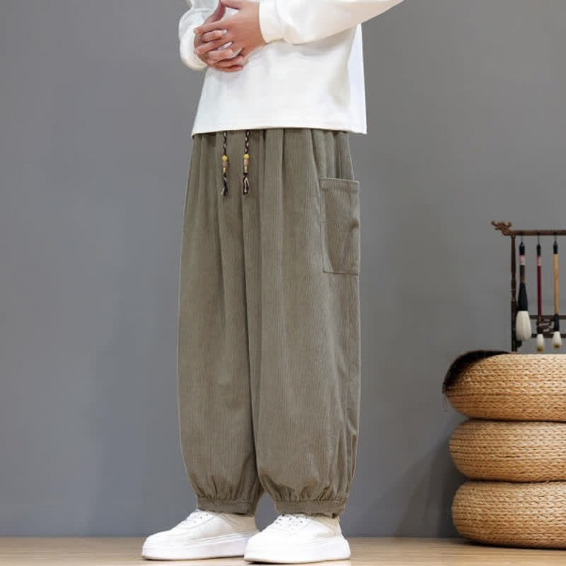Buddha Stones Pantalones cortos de pana lisos con cordón ajustable para hombre, estilo harem, con bolsillos, ideales para otoño e invierno. - image 31