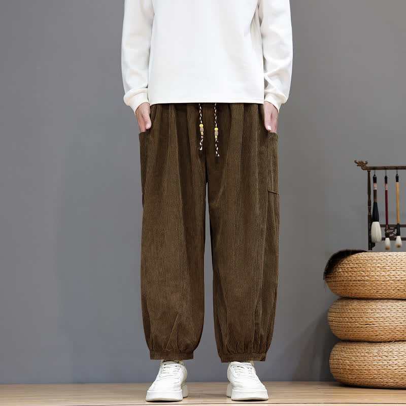 Buddha Stones Pantalones cortos de pana lisos con cordón ajustable para hombre, estilo harem, con bolsillos, ideales para otoño e invierno. - image 1