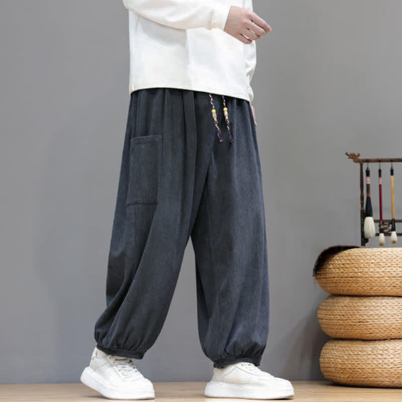 Buddha Stones Pantalones cortos de pana lisos con cordón ajustable para hombre, estilo harem, con bolsillos, ideales para otoño e invierno. - image 10