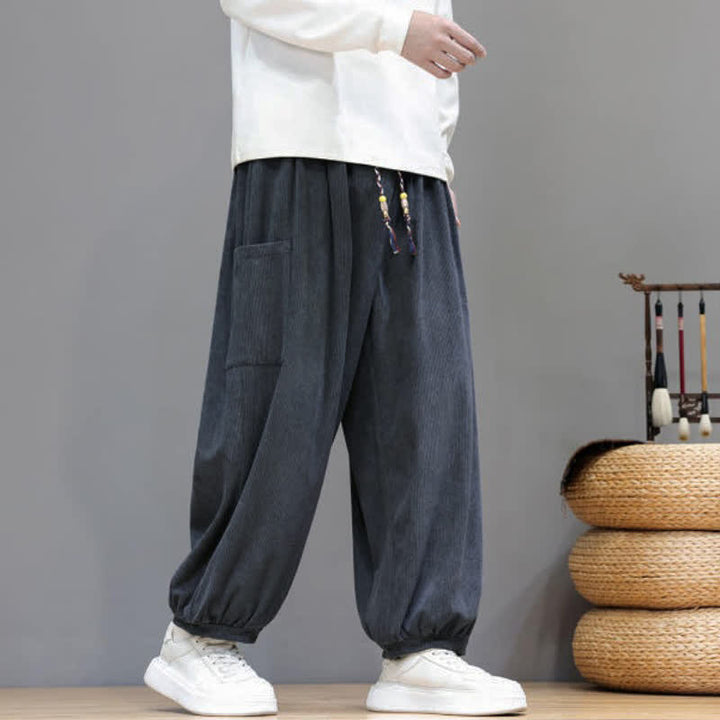 Buddha Stones Pantalones cortos de pana lisos con cordón ajustable para hombre, estilo harem, con bolsillos, ideales para otoño e invierno. - image 10