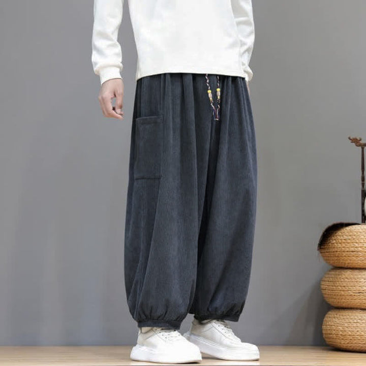 Buddha Stones Pantalones cortos de pana lisos con cordón ajustable para hombre, estilo harem, con bolsillos, ideales para otoño e invierno. - image 13