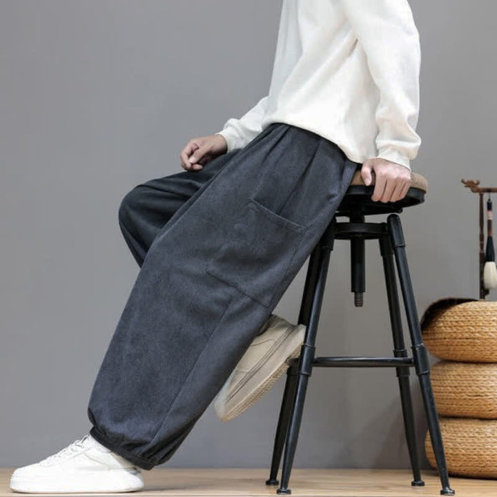 Buddha Stones Pantalones cortos de pana lisos con cordón ajustable para hombre, estilo harem, con bolsillos, ideales para otoño e invierno. - image 17
