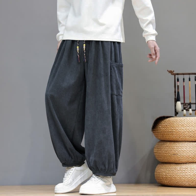 Buddha Stones Pantalones cortos de pana lisos con cordón ajustable para hombre, estilo harem, con bolsillos, ideales para otoño e invierno. - image 14