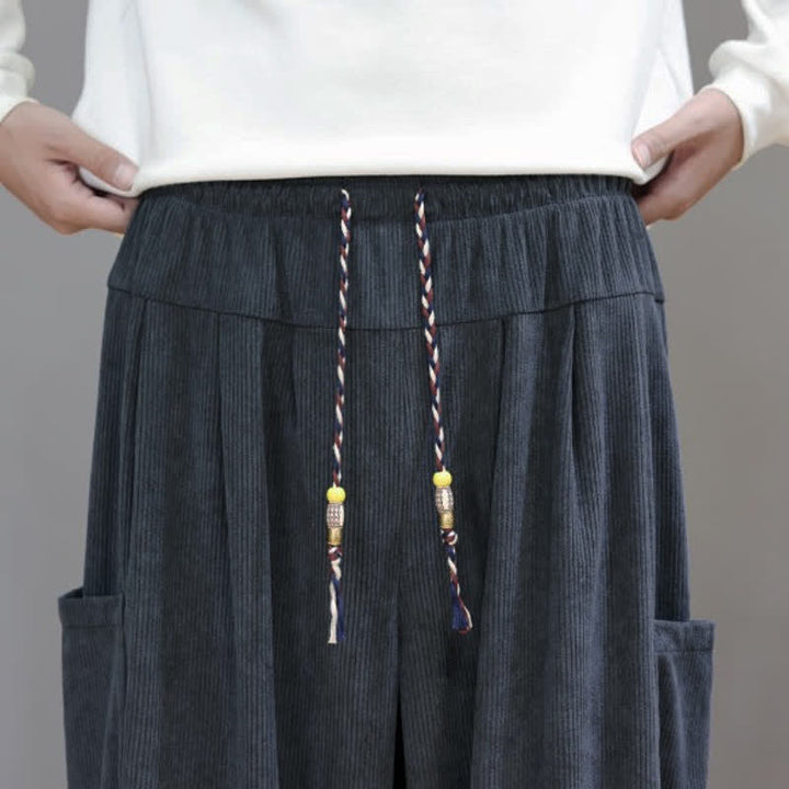Buddha Stones Pantalones cortos de pana lisos con cordón ajustable para hombre, estilo harem, con bolsillos, ideales para otoño e invierno. - image 18