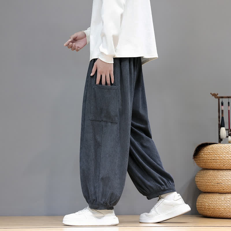 Buddha Stones Pantalones cortos de pana lisos con cordón ajustable para hombre, estilo harem, con bolsillos, ideales para otoño e invierno. - image 11