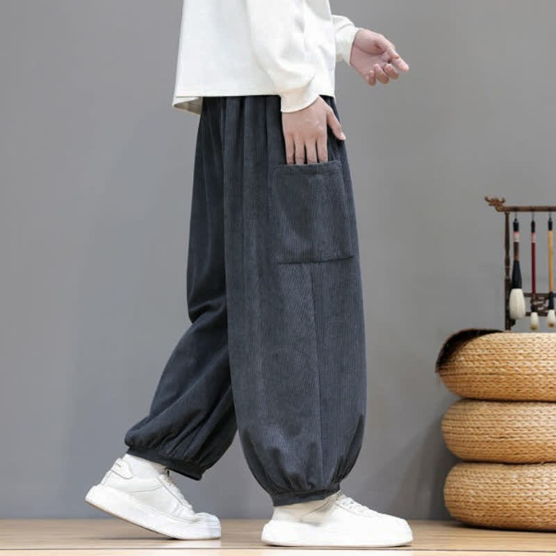 Buddha Stones Pantalones cortos de pana lisos con cordón ajustable para hombre, estilo harem, con bolsillos, ideales para otoño e invierno. - image 15