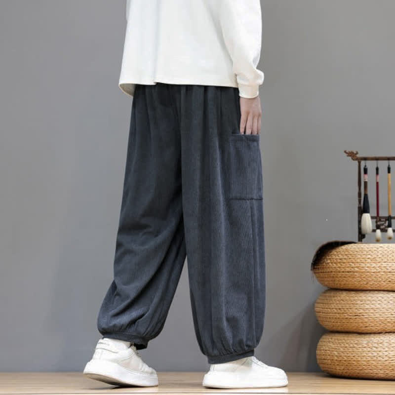Buddha Stones Pantalones cortos de pana lisos con cordón ajustable para hombre, estilo harem, con bolsillos, ideales para otoño e invierno. - image 12