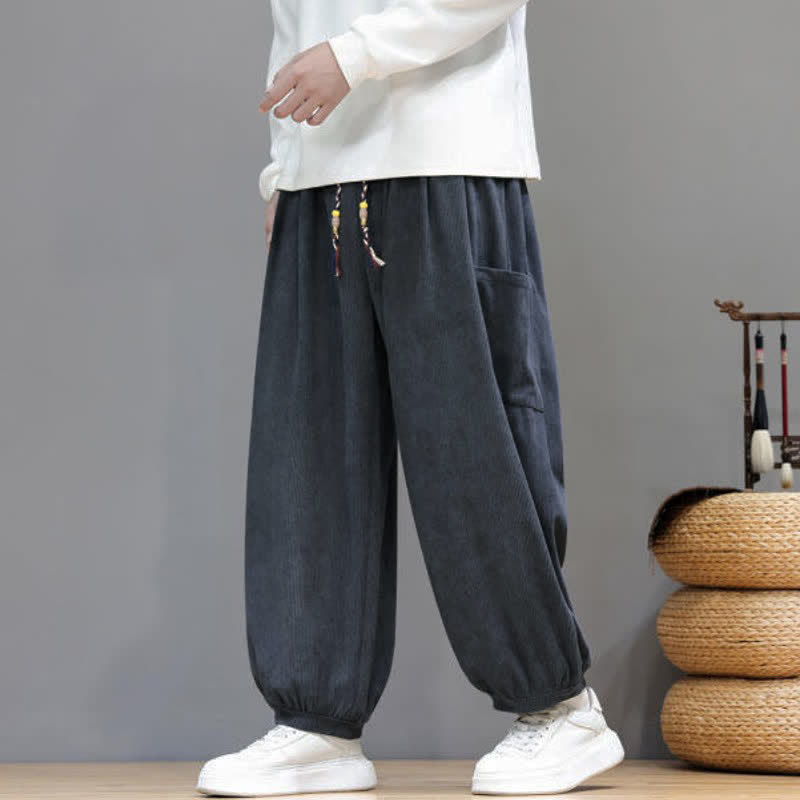 Buddha Stones Pantalones cortos de pana lisos con cordón ajustable para hombre, estilo harem, con bolsillos, ideales para otoño e invierno. - image 16