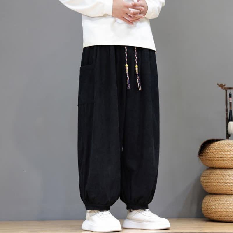 Buddha Stones Pantalones cortos de pana lisos con cordón ajustable para hombre, estilo harem, con bolsillos, ideales para otoño e invierno. - image 21