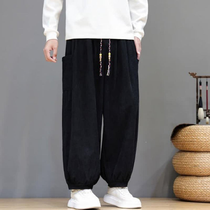 Buddha Stones Pantalones cortos de pana lisos con cordón ajustable para hombre, estilo harem, con bolsillos, ideales para otoño e invierno. - image 22