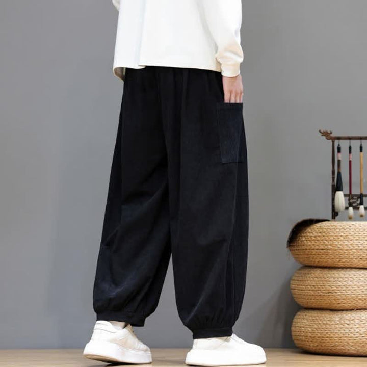 Buddha Stones Pantalones cortos de pana lisos con cordón ajustable para hombre, estilo harem, con bolsillos, ideales para otoño e invierno. - image 23