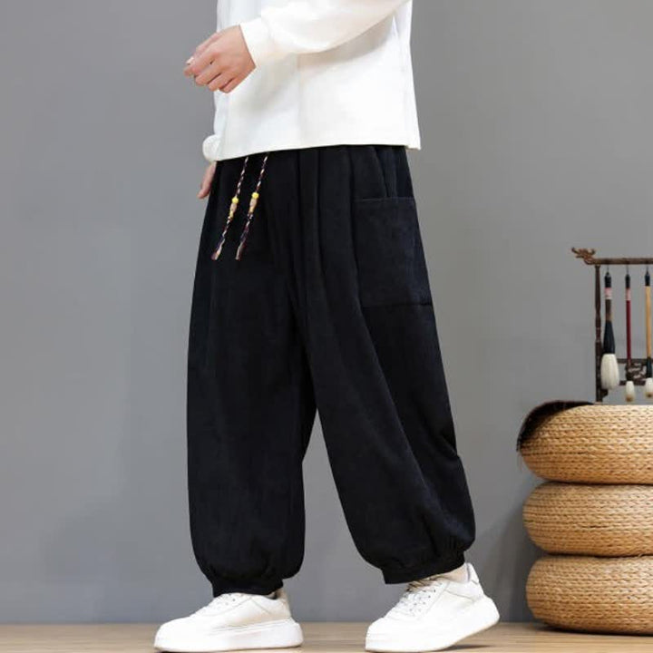 Buddha Stones Pantalones cortos de pana lisos con cordón ajustable para hombre, estilo harem, con bolsillos, ideales para otoño e invierno. - image 24