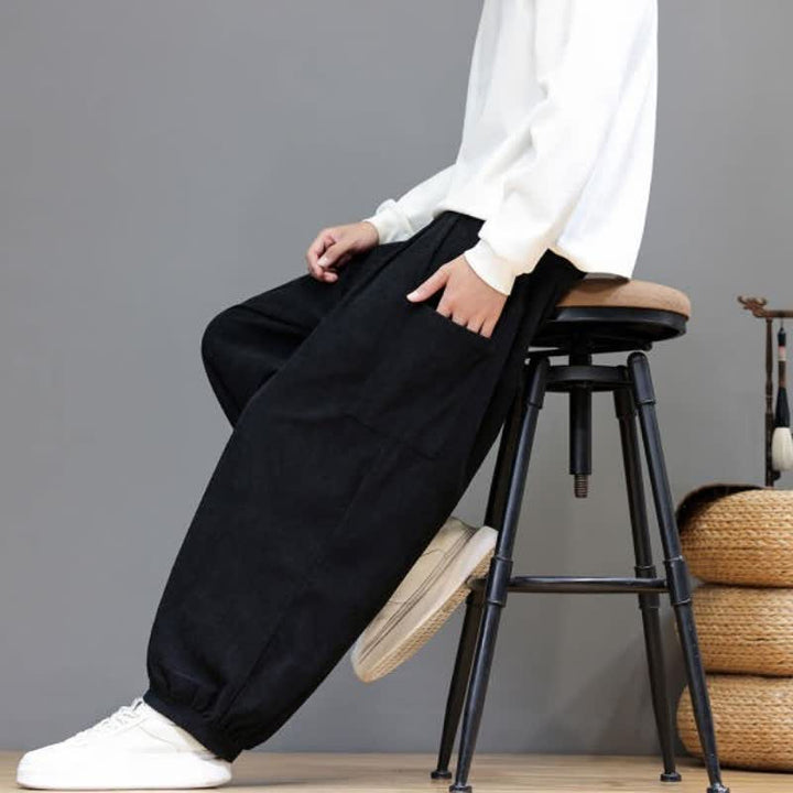 Buddha Stones Pantalones cortos de pana lisos con cordón ajustable para hombre, estilo harem, con bolsillos, ideales para otoño e invierno. - image 28