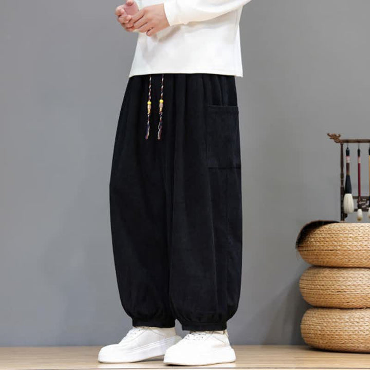 Buddha Stones Pantalones cortos de pana lisos con cordón ajustable para hombre, estilo harem, con bolsillos, ideales para otoño e invierno. - image 27