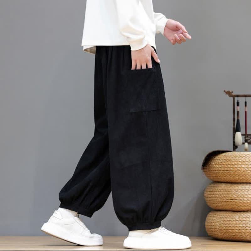 Buddha Stones Pantalones cortos de pana lisos con cordón ajustable para hombre, estilo harem, con bolsillos, ideales para otoño e invierno. - image 25