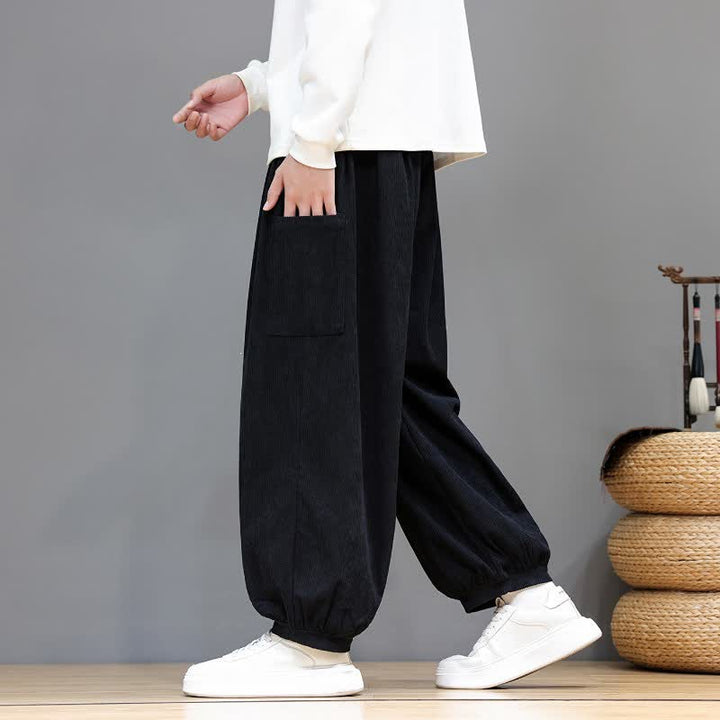 Buddha Stones Pantalones cortos de pana lisos con cordón ajustable para hombre, estilo harem, con bolsillos, ideales para otoño e invierno. - image 26