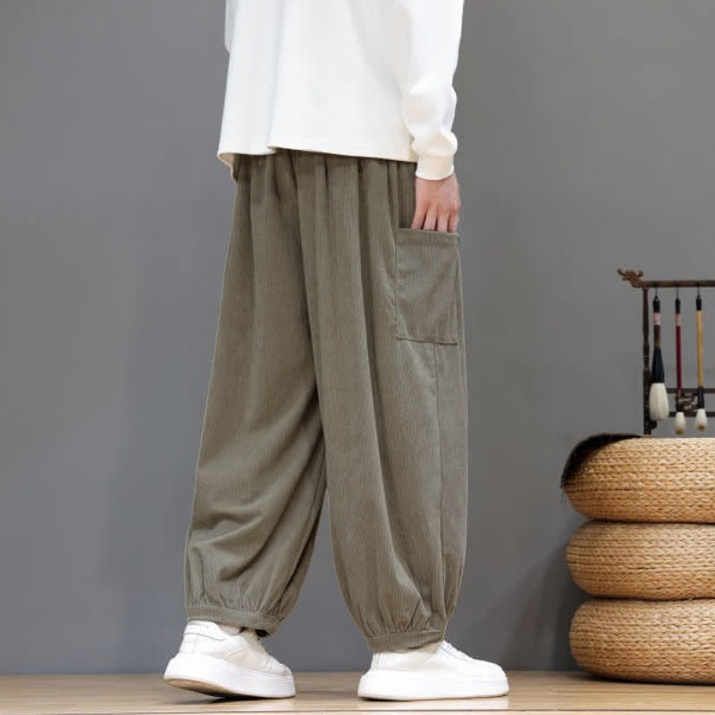 Buddha Stones Pantalones cortos de pana lisos con cordón ajustable para hombre, estilo harem, con bolsillos, ideales para otoño e invierno. - image 32